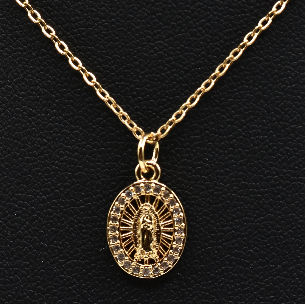14k Gold Plated Guadalupe Pendant Necklace Virgen Mary Cubic Zirconia